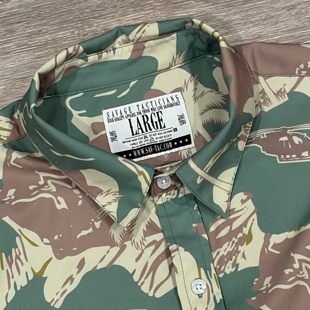Savage Tacticians Mens Camo Helicopter Palm Tree Button Down Shirt Large Green